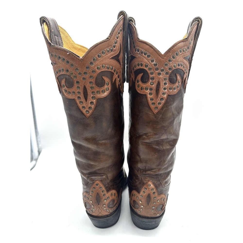 OLD GRINGO for Cavender's Chocolate/Tan Overlay Scroll Fleur Studded Boots 6B - Picture 10 of 12